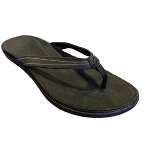 Olukai Aukai Black Leather Flip Flops Sandals Women Size 10